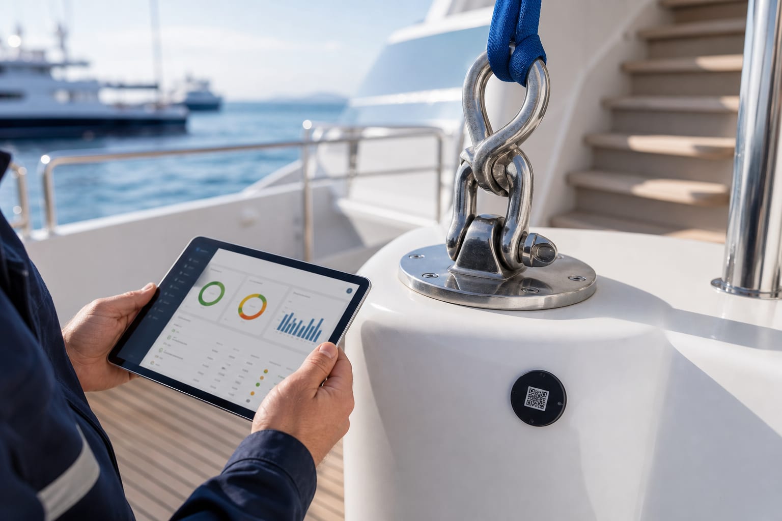 Marine lifting point inspection workflow with tablet compliance dashboard and QR identity tag